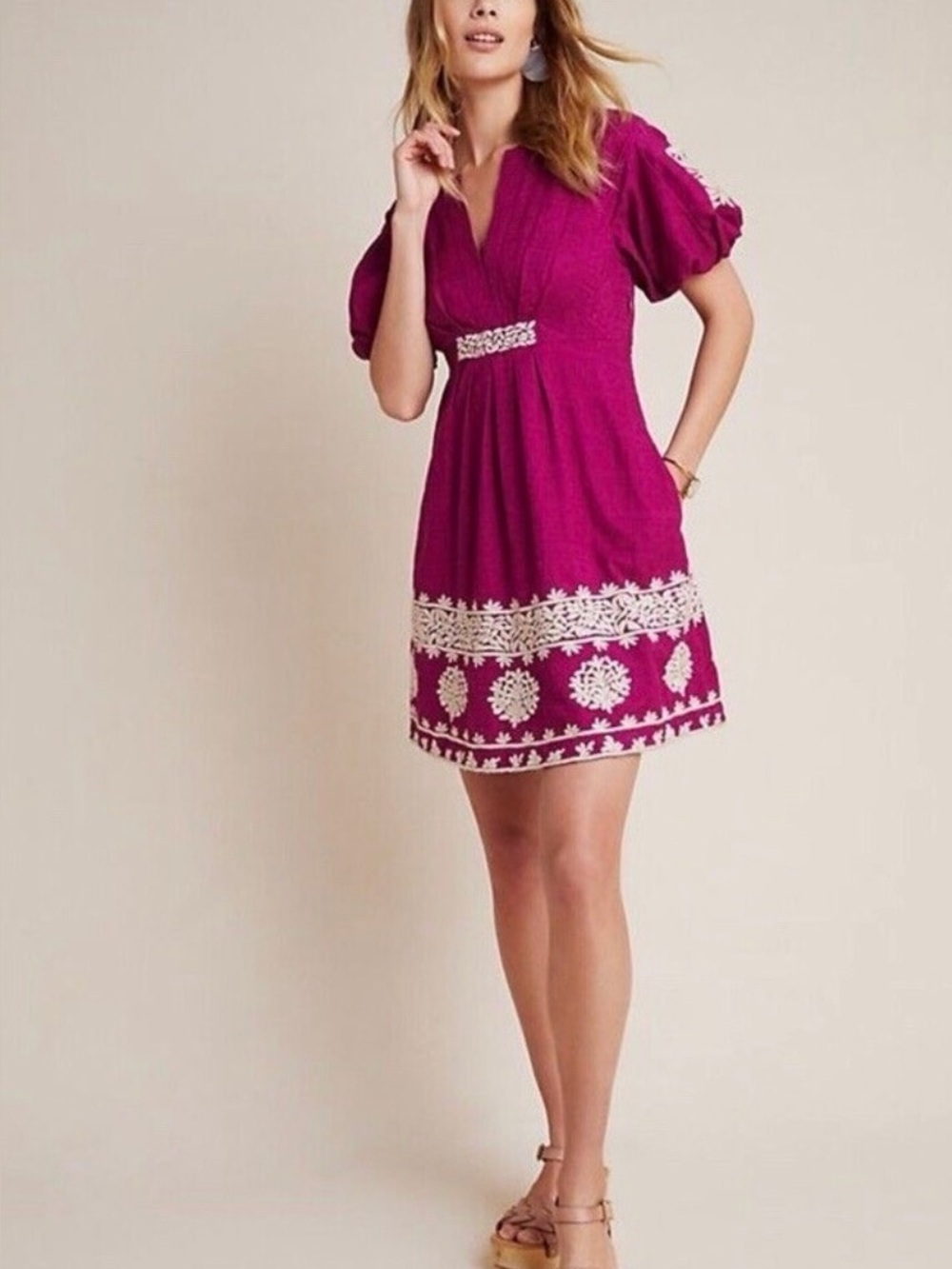 Embroidered Anthropologie V-Neck Short Dress in Fuchsia